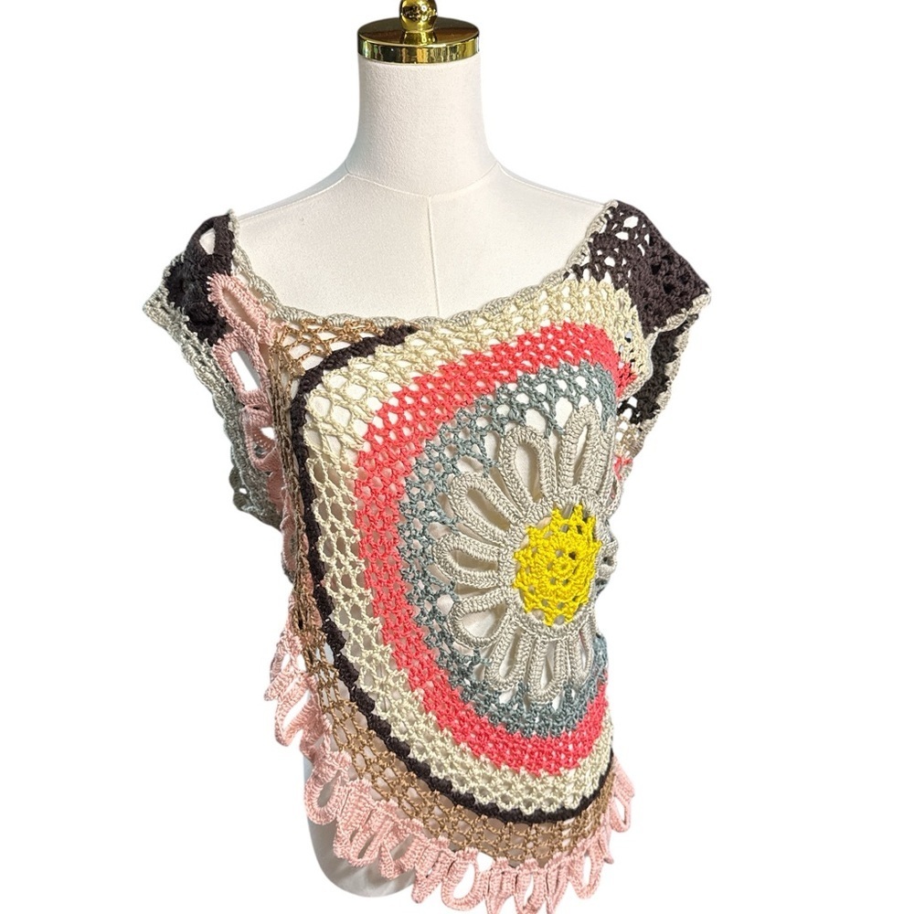 Urban Mango Boho Crochet Multicolor Tank Top Daisy Flower Off Shoulder Size M